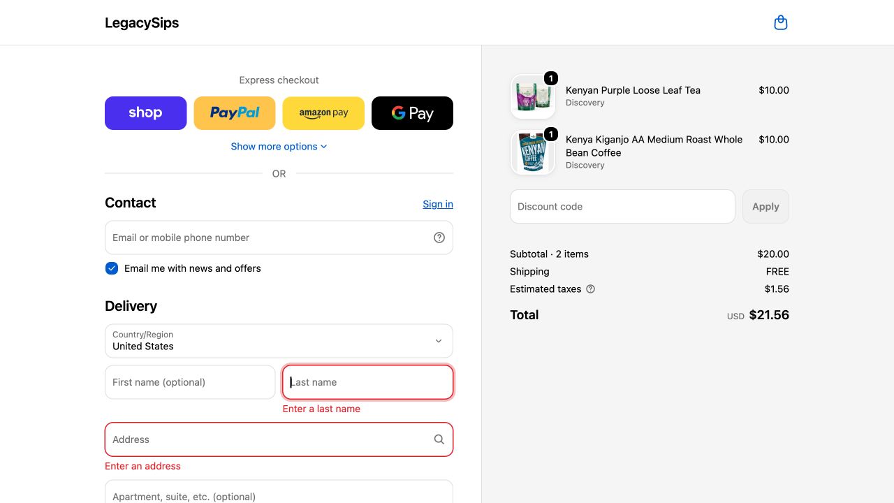 Mixed coffee and tea basket with a $20 subtotal and a $0 shipping quote to Irvine, California